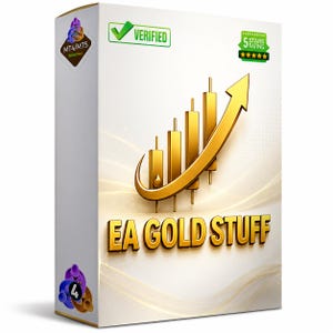 May include: A white rectangular software box featuring the gold text EA GOLD STUFF. The design includes a gold candlestick chart graphic with an upward-pointing arrow, a green VERIFIED checkmark badge, and a 5 STARS RATING icon with five stars.