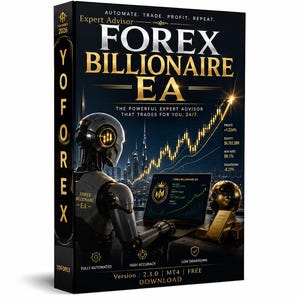 May include: A black rectangular software box featuring a metallic robot, a glowing gold stock market graph, and the text Forex Billionaire EA. The design includes a city skyline, a gold globe, and gold bars, with technical specifications listed at the bottom.