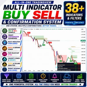 May include: A digital trading chart graphic titled All-In-One Tradingview Multi Indicator Buy Sell & Confirmation System. It features a candlestick price chart, a list of 38+ indicators, and icons for features like supply and demand zones.