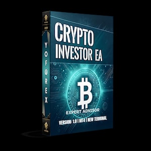 May include: A rectangular software box with a dark teal and blue digital circuit pattern. The front displays the text CRYPTO INVESTOR EA, a Bitcoin symbol, and the text VERSION: 1.0 | MT4 | NEW TERMINAL. The side spine features the text YO FOREX.