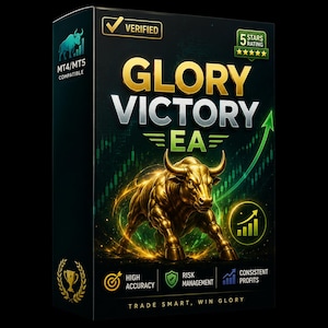 May include: A black rectangular product box featuring the gold text GLORY VICTORY EA. The design includes a golden bull, a green upward-trending arrow, a 5-star rating badge, and text labels for high accuracy, risk management, and consistent profits.