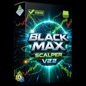 May include: A rectangular software box featuring the text BLACK MAX SCALPER V2.2 in bold metallic lettering. The design includes a glowing blue sphere, green and red candlestick chart patterns, a verified checkmark, and a five-star rating icon.