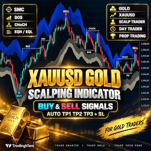 Pode incluir: Um gráfico de trading digital com o texto XAUUSD GOLD SCALPING INDICATOR BUY & SELL SIGNALS AUTO TP1 TP2 TP3 + SL. A imagem exibe padrões de velas, linhas de tendência de mercado e barras de ouro com o texto FINE GOLD 999.9.