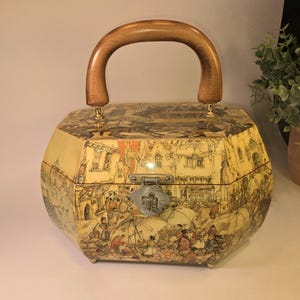 Vintage Wood Box Purse with Wooden Handle, &quot;Lewis&quot; Bowed Octagon Decoupage Purse, Anton Pieck Print, 1960&#39;s to 1970&#39;s