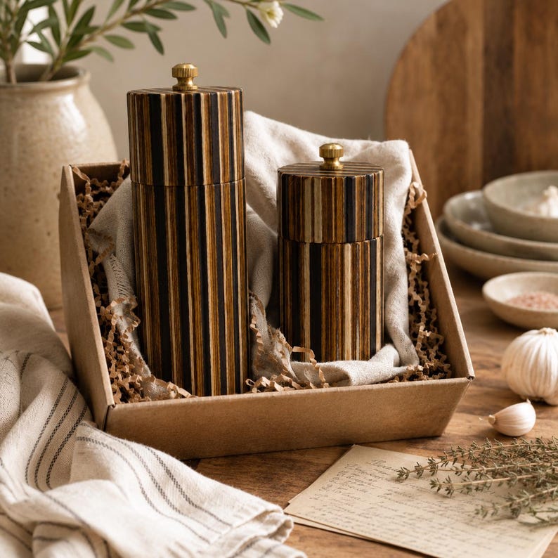 May include: Two cylindrical salt and pepper grinders featuring a vertical striped pattern in shades of dark brown, black, and tan. Each grinder is topped with a small metallic gold knob and is nestled inside a cardboard gift box with fabric.