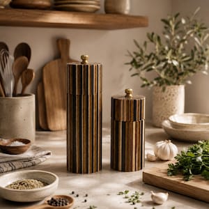 May include: Two cylindrical salt and pepper grinders featuring a vertical striped pattern in alternating shades of dark brown, light brown, and black wood. Each grinder is topped with a small, polished brass knob for manual operation.