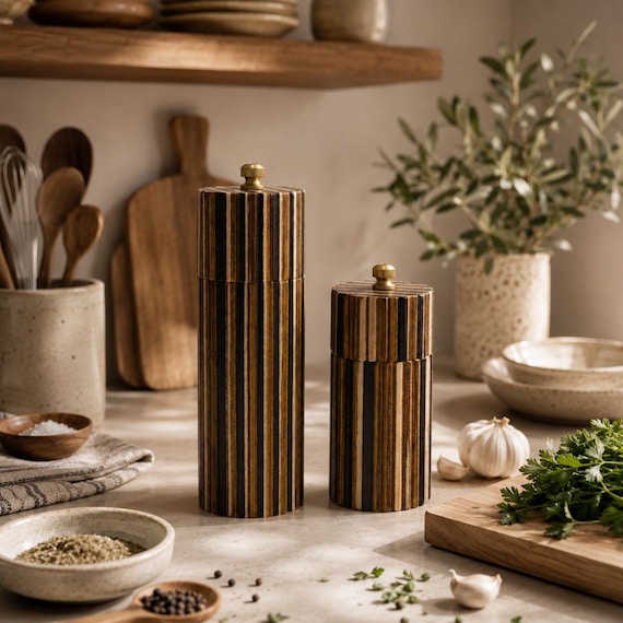 Wooden Salt and Pepper Grinder Set, Scandinavian Japandi Pepper Mills, Housewarming Gift
