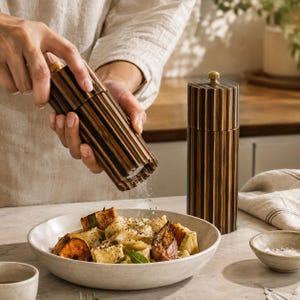 May include: Two cylindrical pepper mills featuring a vertical striped pattern in alternating dark brown and light wood tones. Each mill is topped with a small gold-colored metal knob. One mill is held upright while dispensing ground pepper.