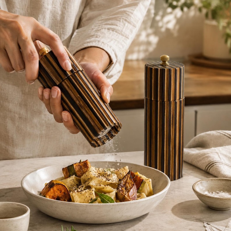 May include: Two cylindrical pepper mills featuring a vertical striped pattern in alternating dark brown and light wood tones. Each mill is topped with a small gold-colored metal knob. One mill is held upright while dispensing ground pepper.