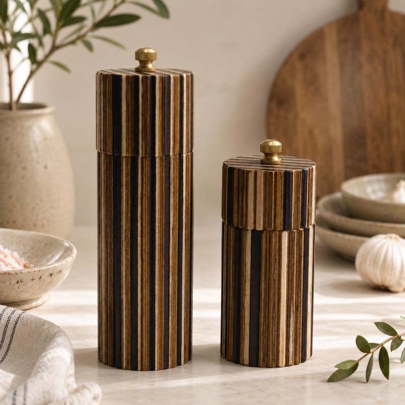 May include: Two cylindrical salt and pepper mills featuring a vertical striped pattern in alternating shades of dark brown, light brown, and black wood. Each mill is topped with a small, circular, metallic gold-toned adjustment knob.