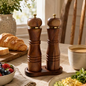 May include: Two tall, dark brown wooden salt and pepper mills with smooth, contoured bodies and gold-toned metal knobs at the top. The mills are held together in a matching oval wooden base stand, creating a unified set for table seasoning.