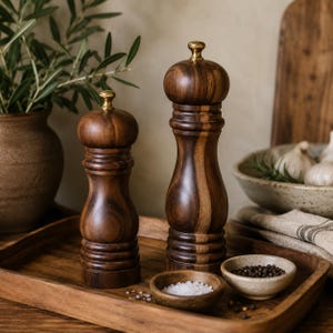 May include: Two dark brown wooden salt and pepper grinders with smooth, curved bodies and small gold-toned metal knobs on top. The grinders are placed on a wooden tray alongside two small ceramic bowls containing white salt and black peppercorns.