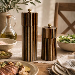 May include: Two cylindrical salt and pepper mills featuring a vertical striped pattern of dark brown and light tan wood grain. Each mill is topped with a small, circular brass-colored metal knob for adjusting the grind mechanism at the top.