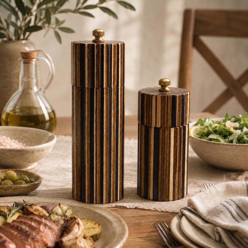 May include: Two cylindrical salt and pepper mills featuring a vertical striped pattern of dark brown and light tan wood grain. Each mill is topped with a small, circular brass-colored metal knob for adjusting the grind mechanism at the top.
