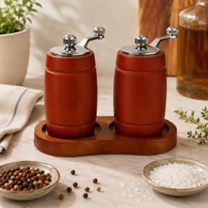 May include: Two cylindrical wooden salt and pepper mills with barrel-shaped bodies and chrome-finished metal crank handles. The mills are set on a matching wooden base, accompanied by two small ceramic bowls containing peppercorns and salt.
