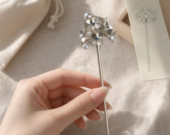 Hortensien-Haarnadel, Perlen-Haarstab, silberne Haargabel mit Blumenmuster, Braut-Haarschmuck, Hochzeits-Haarschmuck, Geschenk im Cottagecore-Stil