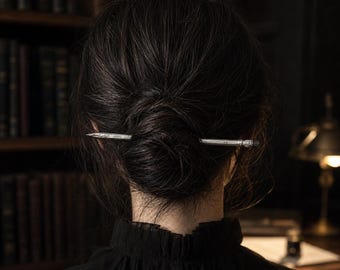 Pencil Hair Stick, Metal Hair Pin, Silver Bun Holder, Literary Hair Accessory, Writer Gift, Bookish Hair Fork, Dark Academia Style