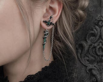 Gothic Snake Sword Cross Earrings, Red or Green Gem Dagger Earring, Asymmetrical Chain Stud, Stainless Steel Dark Fantasy Jewelry