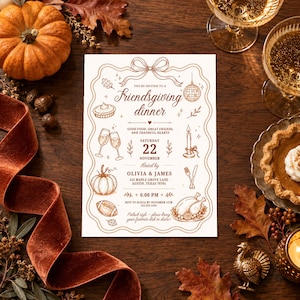 May include: A rectangular Friendsgiving dinner invitation card with brown line art on a cream background. The text reads: You're invited to a Friendsgiving dinner, Good food, great friends, and thankful hearts, Saturday 22 November, Hosted by Olivia & James, 123 Maple Grove Lane, Austin, Texas 78701, 6:00 PM, RSVP to Olivia by November 15th 512.555.1234, Potluck style - please bring your favorite dish to share.