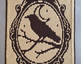Raven Overlay Mosaik Häkelmuster, digitaler PDF-Download, Gothic Crow Wandbehang mit Rahmen