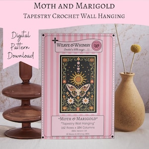Boho Celestial Floral Tapestry Crochet Pattern PDF Download, Moth and Marigold Wall Hanging