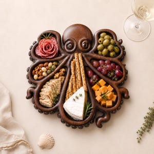 Bandeja de madera tallada a mano con forma de pulpo, tabla para embutidos de estilo costero, decoración oceánica