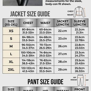 Black faux-leather two-piece set size chart showing jacket and pants measurements from XS to 2XL, including chest, waist, hip, sleeve length, inseam, jacket length, and front rise measurements.