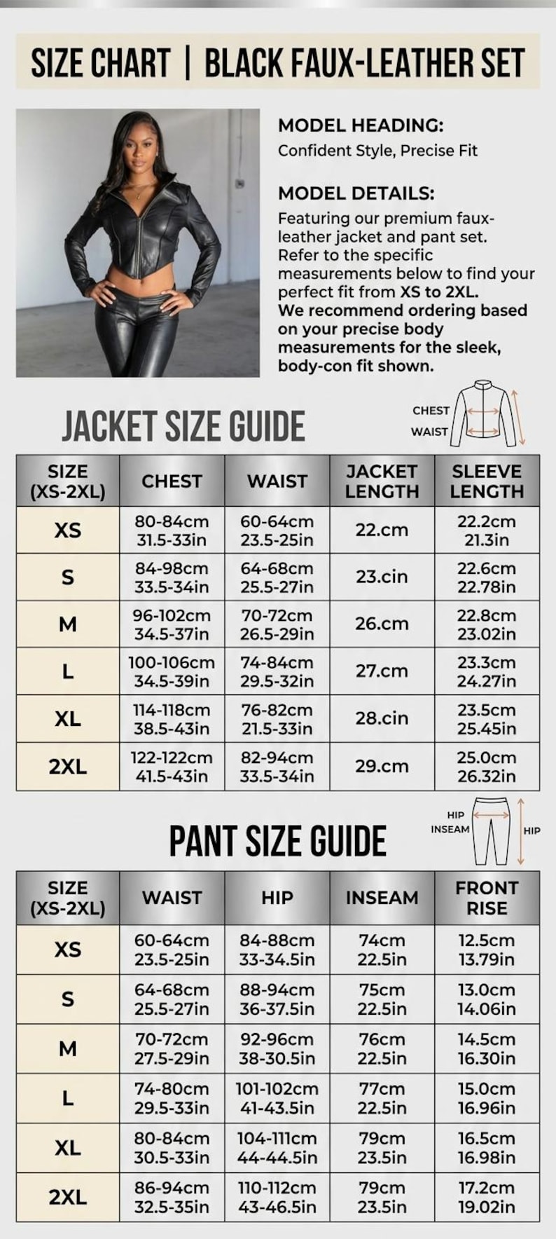Black faux-leather two-piece set size chart showing jacket and pants measurements from XS to 2XL, including chest, waist, hip, sleeve length, inseam, jacket length, and front rise measurements.