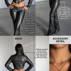 360-degree view of a women’s black faux leather two-piece outfit featuring a fitted cropped biker jacket with silver front zipper, structured panel seams, and matching high-waist flared pants. The outfit has a sleek, edgy motorcycle-inspired aesthetic for modern streetwear and fashion styling.