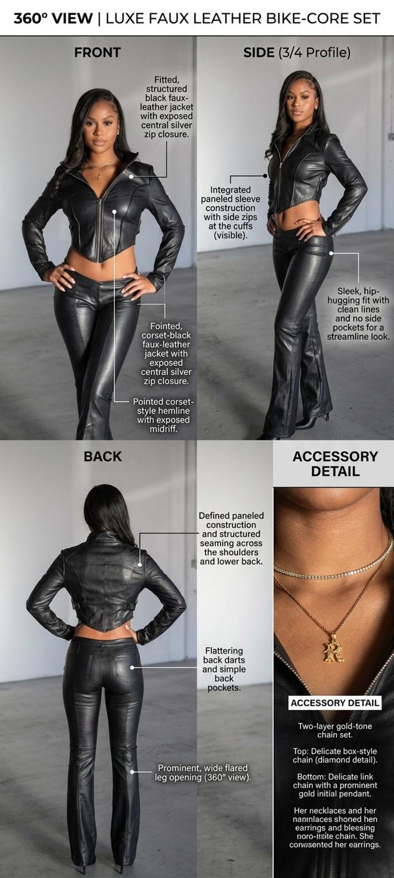 360-degree view of a women’s black faux leather two-piece outfit featuring a fitted cropped biker jacket with silver front zipper, structured panel seams, and matching high-waist flared pants. The outfit has a sleek, edgy motorcycle-inspired aesthetic for modern streetwear and fashion styling.