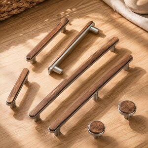 Walnut Cabinet Pulls, Wood Drawer Handles, Brushed Silver Kitchen Hardware, Modern Cupboard Handles, Dresser Pulls, Round Knobs