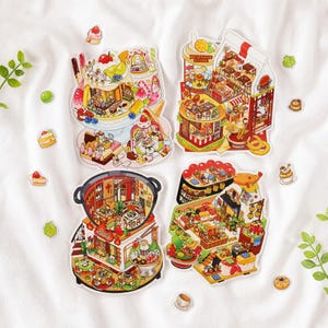 Pegatinas 3D de escenas de tienda de comida kawaii / Coloridas / Relieve / Set de olla caliente, postre, hamburguesa y sushi con 2 láminas de PET y 1 tarjeta de escena