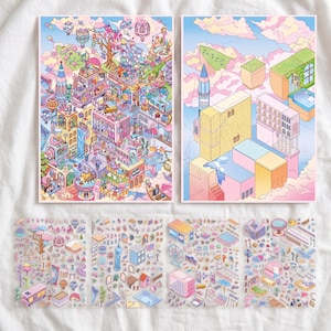May include: Two rectangular art prints featuring isometric, pastel-colored cityscapes with floating islands, buildings, and hot air balloons, accompanied by four transparent sticker sheets displaying individual miniature architectural and landscape elements.