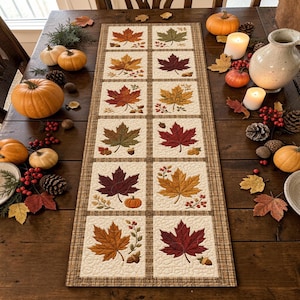 Maple Leaf Grid Squares Quilted Table Runner Patchwork Quilt Plaid Border Kitchen Decor Elegant Autumn Table Centerpiece New Cozy Gift Idea