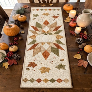 May include: A rectangular quilted table runner featuring a central white pumpkin motif surrounded by a geometric star pattern in shades of orange, brown, and green. The fabric is decorated with embroidered autumn leaves, acorns, and berries.