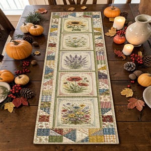 Botanical Seed Packet Quilted Table Runner Modern Farmhouse Kitchen Decor Custom Housewarming Gift Spring Summer Flower Table Decoration