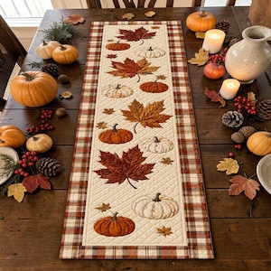 Plaid Border Pumpkin Quilted Table Runner Patchwork Quilt Rustic Maple Leaf Kitchen Decor Farmhouse Autumn Table Centerpiece New Gift Idea