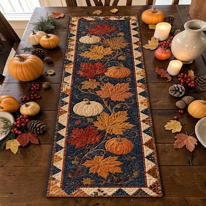 Navy Blue Maple Leaves Pumpkins Quilted Table Runner Patchwork Quilt Gorgeous Autumn Kitchen Decor Elegant Fall Table Centerpiece Art New