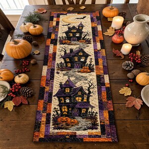 お化け屋敷の幽霊キルトテーブルランナーパッチワークキルト風ハロウィンキッチン装飾不気味な秋のテーブルセンターピース新築祝いのギフト