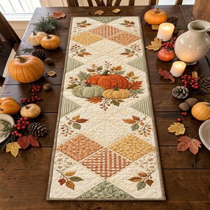 Plaid Diamond Patchwork Quilted Table Runner Farmhouse Kitchen Decor Custom Housewarming Gift Autumn Fall Pumpkin Gourd Table Decoration