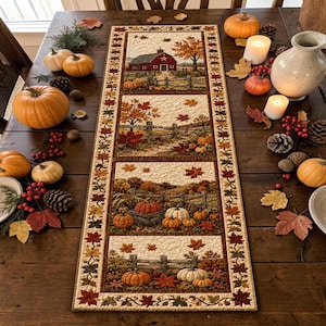 Red Farm Barn Pumpkins Quilted Table Runner Patchwork Quilt Rustic Country Autumn Kitchen Decor Scenic Fall Table Centerpiece New Gift Idea