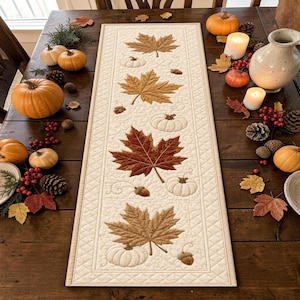 Neutral Maple Leaf Pumpkin Quilted Table Runner Patchwork Quilt Minimalist Autumn Kitchen Decor Elegant Fall Table Centerpiece New Cozy Gift