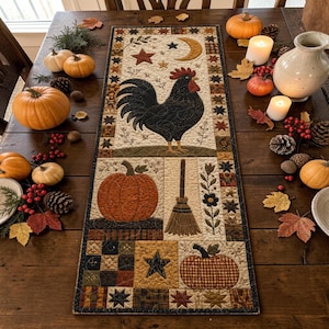 Tischläufer mit Hahn-Motiv im rustikalen Patchwork-Stil, rustikale Tischdekoration mit Kürbis-Besen-Motiv für Küche und Esszimmer – das perfekte Geschenk für Ihr Zuhause
