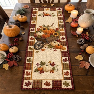 Pumpkin Wheelbarrow Quilted Table Runner Country Farmhouse Kitchen Decor Custom Housewarming Gift For Her Autumn Sunflower Table Decoration