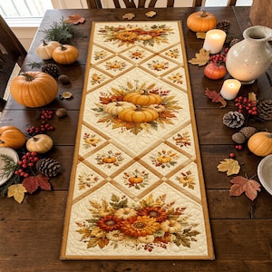 Golden Autumn Harvest Quilted Table Runner Traditional Farmhouse Kitchen Decor Custom Housewarming Gift For Her Fall Pumpkin Table Decor