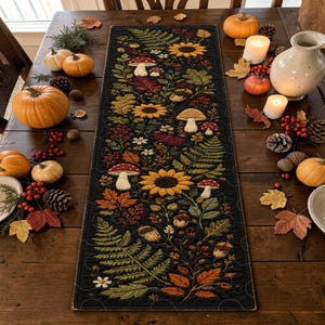 Mushroom Forest Fern Quilted Table Runner Whimsical Cottage Kitchen Decor Custom Housewarming Gift For She Autumn Sunflower Table Decoration