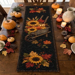 May include: A black quilted table runner featuring a printed design of a wooden wheelbarrow filled with sunflowers, wheat, and autumn leaves. The runner is decorated with additional clusters of sunflowers and fall foliage at both ends.