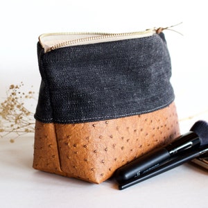 Makeup bag black linen & vegan leather, gift for her, leather makeup bag, bridesmaid gift, cosmetic bag TLC Pouches image 1