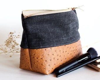Makeup bag black linen & vegan leather, gift for her, leather makeup bag, bridesmaid gift, cosmetic bag TLC Pouches