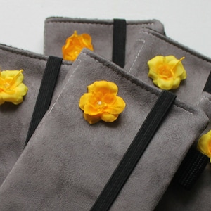 Billetera para iPhone, billetera para mujeres, funda para iPhone, iPhone 7, billetera para teléfono celular, bonita billetera gris y flores amarillas, estampado floral, tela